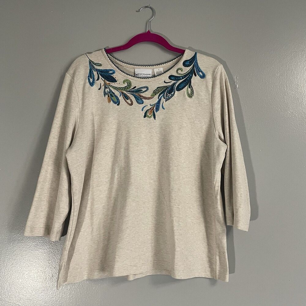 Alfred Dunner Women's Floral 3/4 Sleeve, Size L, Beige Peacock Feathers Summer